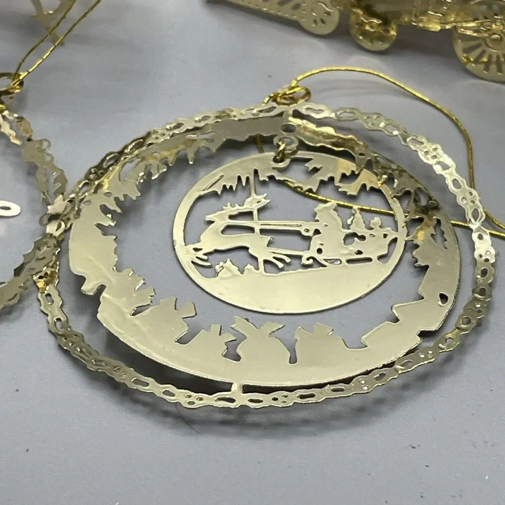 11 Gold Metal Filigree Christmas Ornaments Santa Sleigh Train Tree Snowflake
